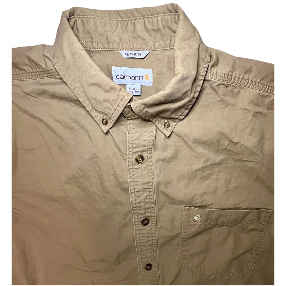 Carhartt Mens Relaxed Fit Short Sleeve Button Down Shirt Tan Khaki Cotton L